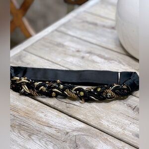 Vintage 1980s Statement Belt. Braided Corded Jeweled Women’s Sz-L Black/Gold 37”